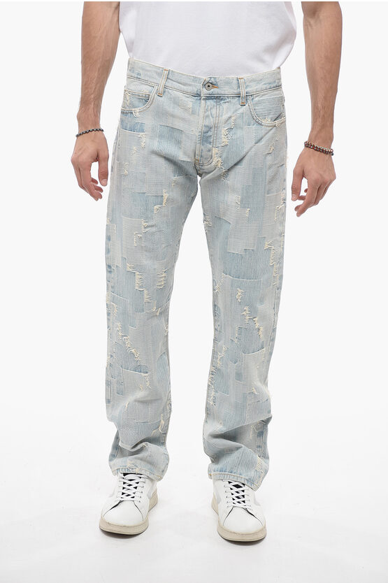 Shop Marcelo Burlon County Of Milan Light-washed Distressed Denims With Patchwork Design