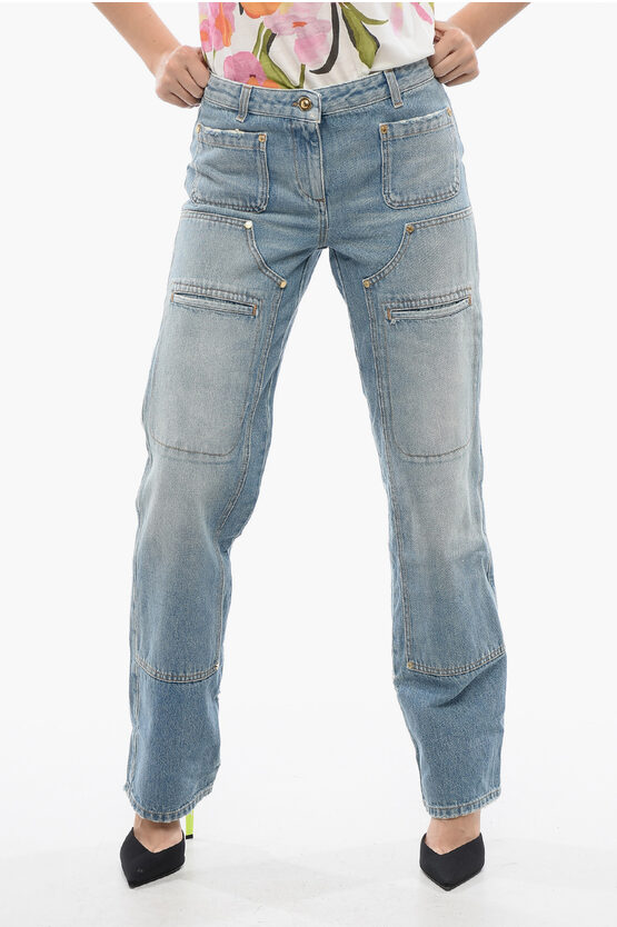 Palm Angels Light Washed Straight Fit Jeans With Knee-panel