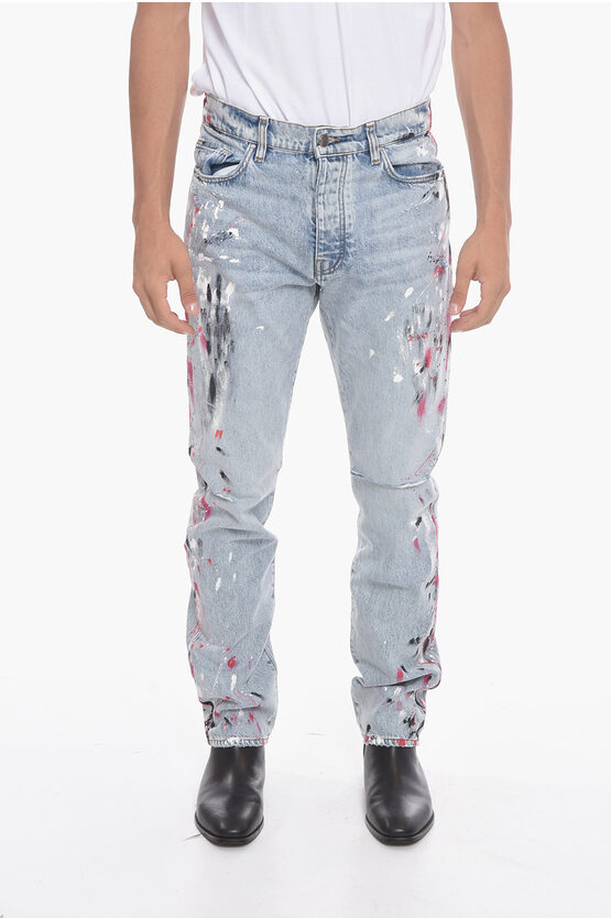 Amiri Light-washed Straight-fitting Denims With Paint Print 19cm In Blue