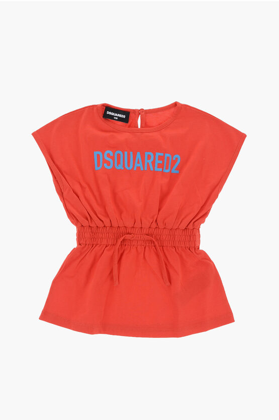Dsquared2 Lightweight Cotton Crew-neck Dress With Contrasting Logo In Orange