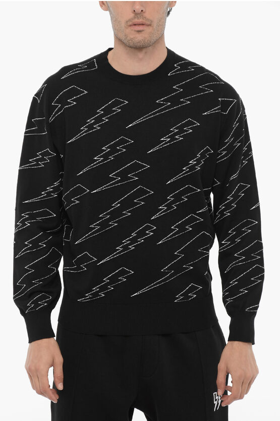 Neil Barrett Lightweight Cotton Crew-neck Sweater With Thunderbolts Embro In Black