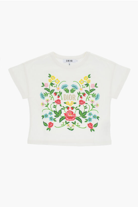 Shop Dior Lightweight Cotton Crew-neck T-shirt With Floral Embroiderie