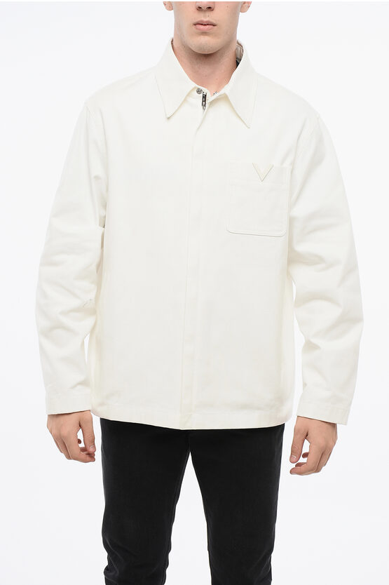 Versace Lightweight Cotton Overshirt With V-logo Detail On Breast Po In White