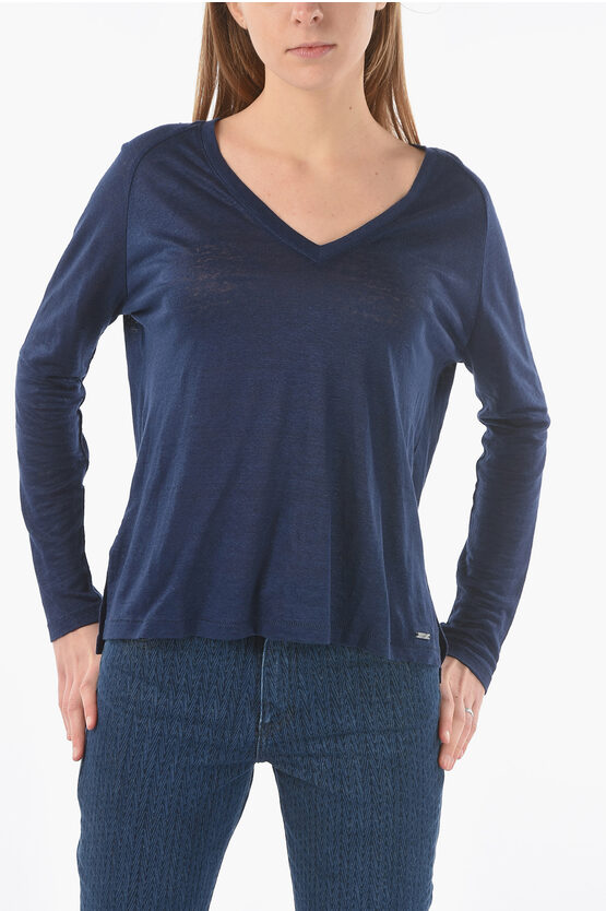 Woolrich Lightweight Linen Slub V-neck Sweater In Blue