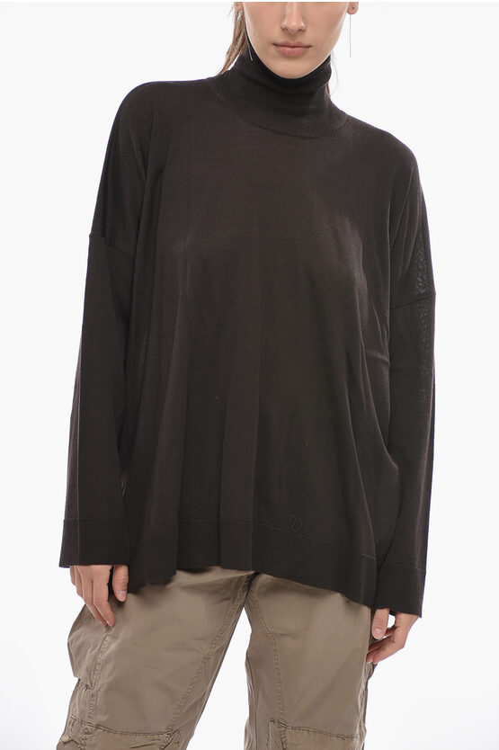 Shop P.a.r.o.s.h Lightweight Wool Liquorice Turtleneck Sweater With Side Slit