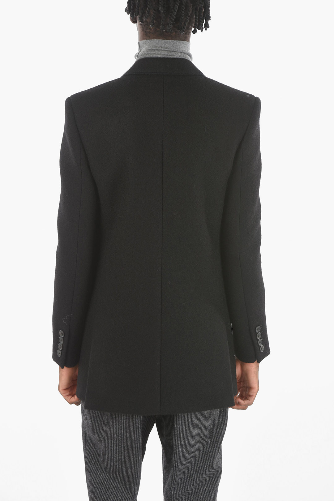 Saint Laurent Lined Double Breasted Wool Blend Coat With Flap Pockets ...