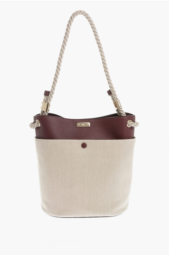 Chloé Linen And Leather Key Bucket Bag With Maxi Exterior Pocket In Brown