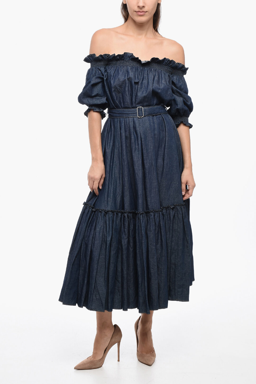 Linen Blend Belted Dress With Ruffles