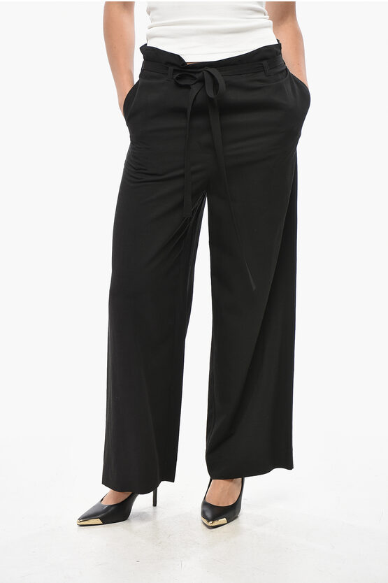 Totême Linen Blend Cropped Fit Pants With Belt In Black