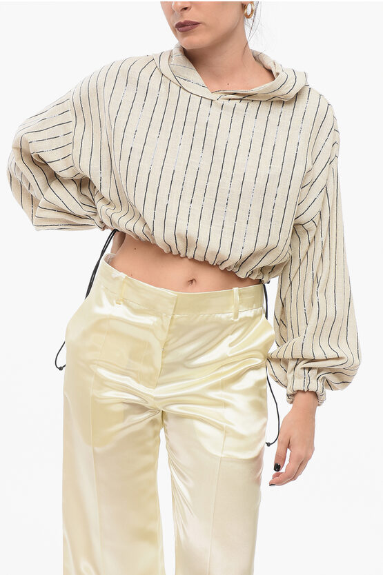 The Mannei Linen Blend Hooded Top With Sequined Stripes In White