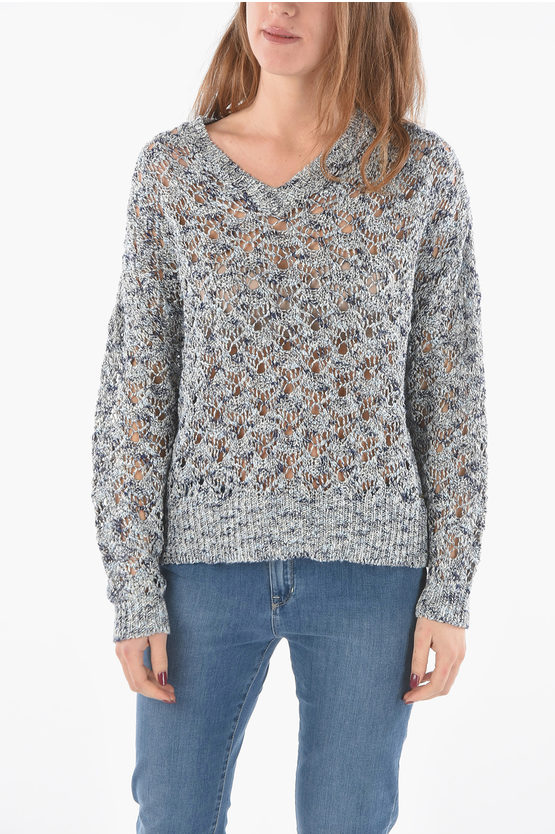 Woolrich Linen Blend Openwork V-neck Sweater In Gray