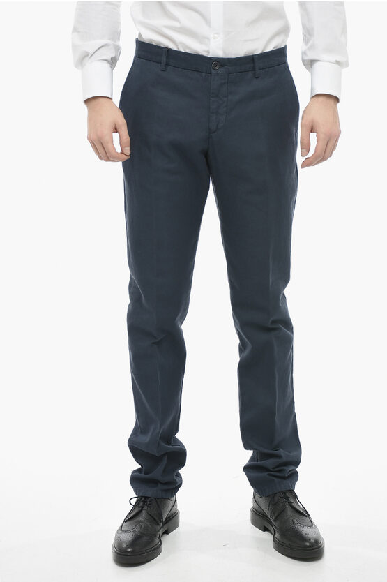 Etro Linen Blend Slim Fit Trousers With Welt Pockets In Blue