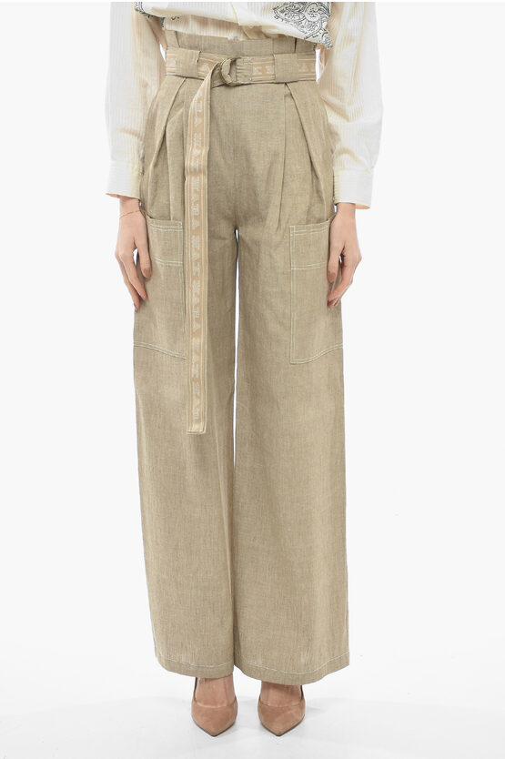 Max Mara Linen Blend Slogan Trousers With Gathers In Brown