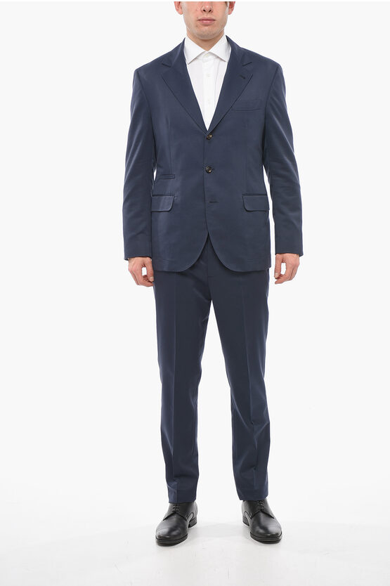 Brunello Cucinelli Linen Blend Suit With Flap Pockets In Blue