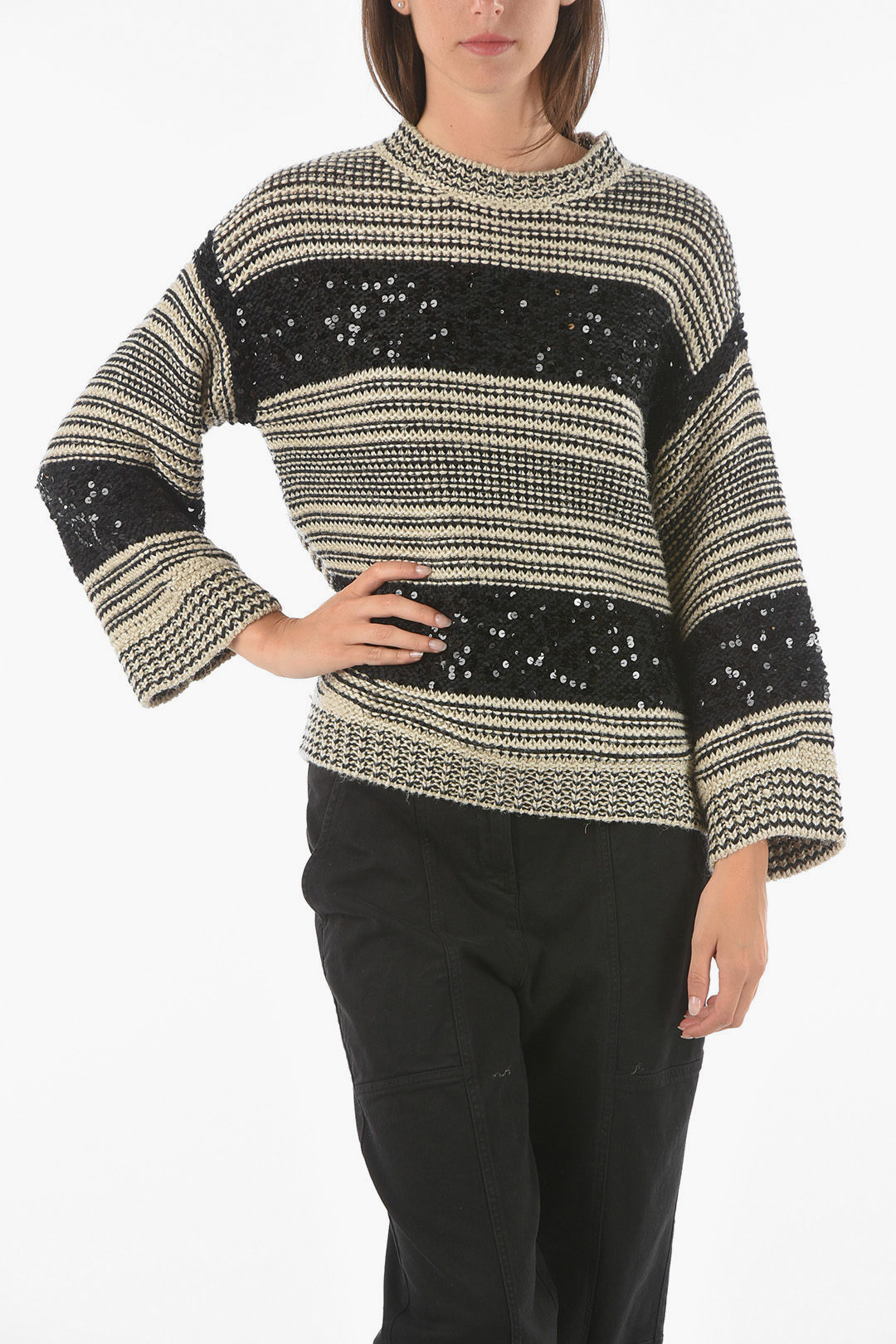 Linen-blend Sweater in Stripe Pattern with Sequin-embellishment.