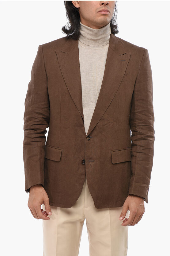 Dolce & Gabbana Linen Center Vent Peak Lapel 2-button Blazer In Brown