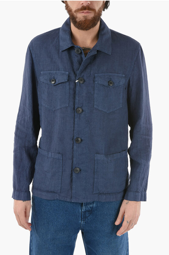 Altea Linen Derby Utility Overshirt With Visible Stiching In Blue