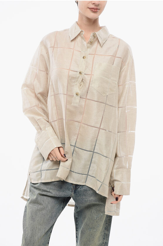 Super Blond Linen Oversized Shirt With Checkered Pattern