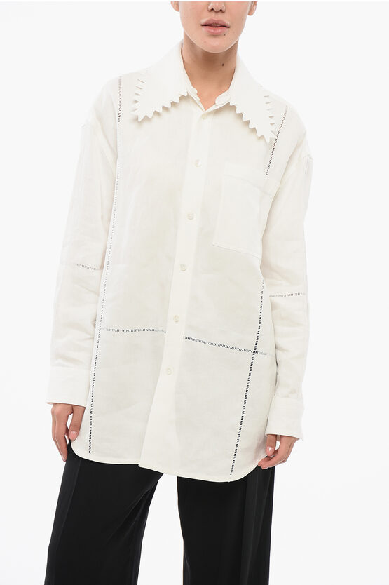 Shop Bottega Veneta Linen Oversized Shirt With Embroidered Collar