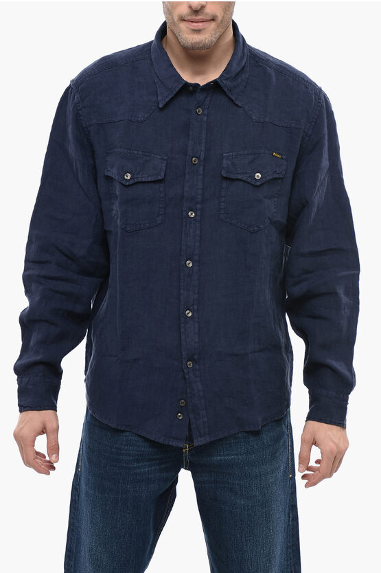 Diesel Linen S-east-long Shirt With Double Breast Pocket In Blue