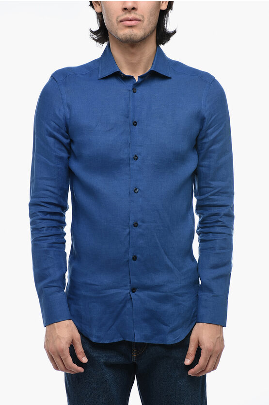 Shop Etro Linen Shirt With Curved Hemline