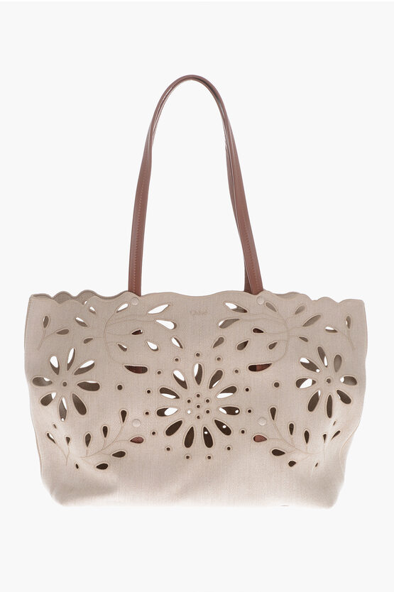 Shop Chloé Linen Shoulder Bag With Cutouts And Leather Handles