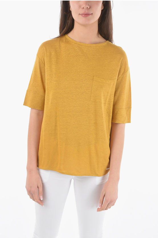 Woolrich Linen Slub Crew-neck T-shirt With Breast Pocket In Yellow