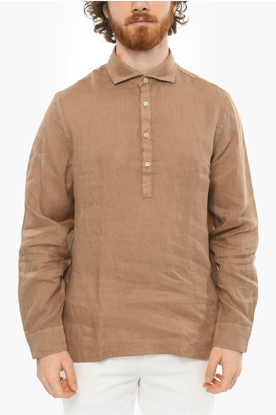 Altea Linen Tyler Shirt With Polo Neck In Brown