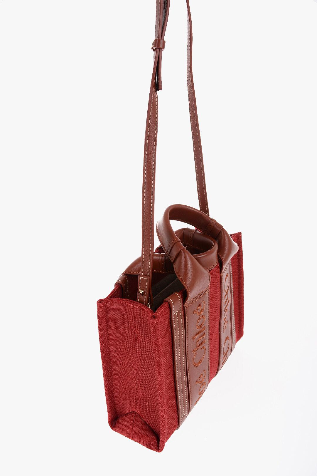 Chloe Linen WOODY Tote Bag with Leather Details and