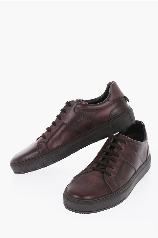 Shop Corneliani Lived-in Effect Leather Low-top Sneakers