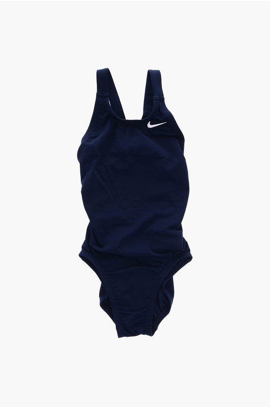 Nike Logo Embroidered Solid Color One Piece Swimsuit In Blue