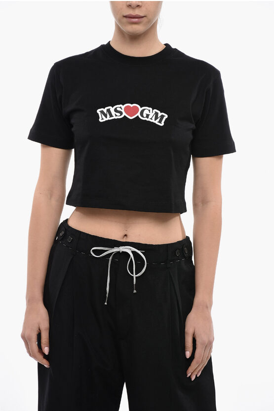 Msgm Logo Print Cropped Short Sleeved T-shirt In Black