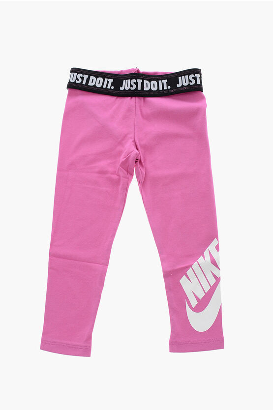 Nike Kids' Logo Printed Stretch Cotton Leggings In Pink