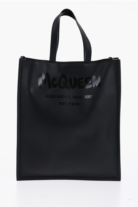 Shop Alexander Mcqueen Logoed Leather Tote Bag With Shoulder Strap