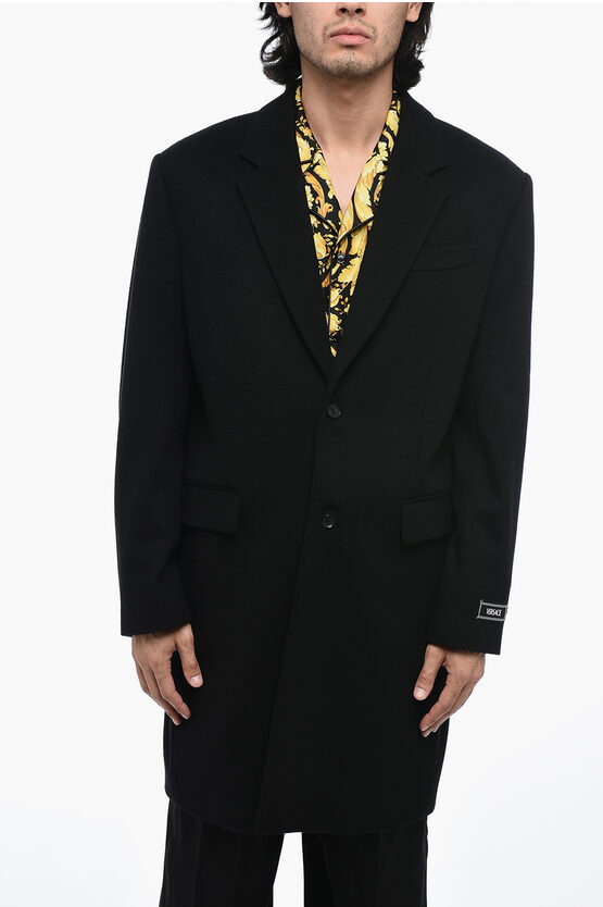Versace Logoed Virgin Wool Coat With Notch Lapel
