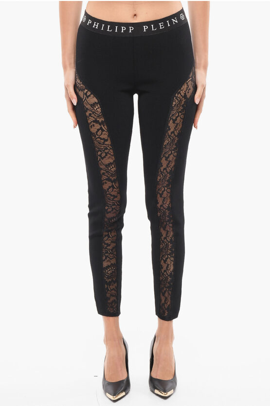 Philipp Plein Logoed Waistband Contrast Leggings With Lace Inserts In Black