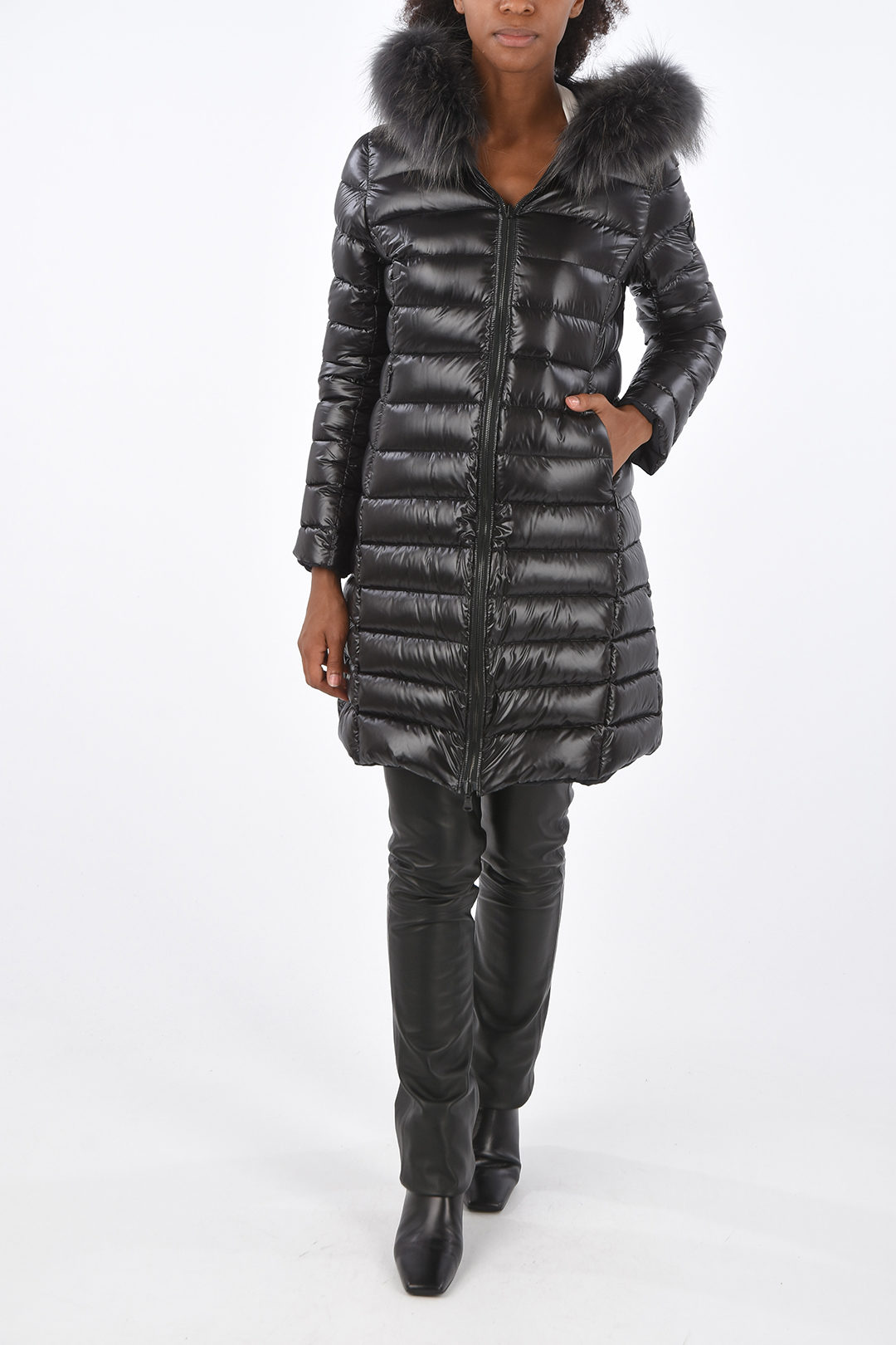 Long-line reversible down jacket with real fur