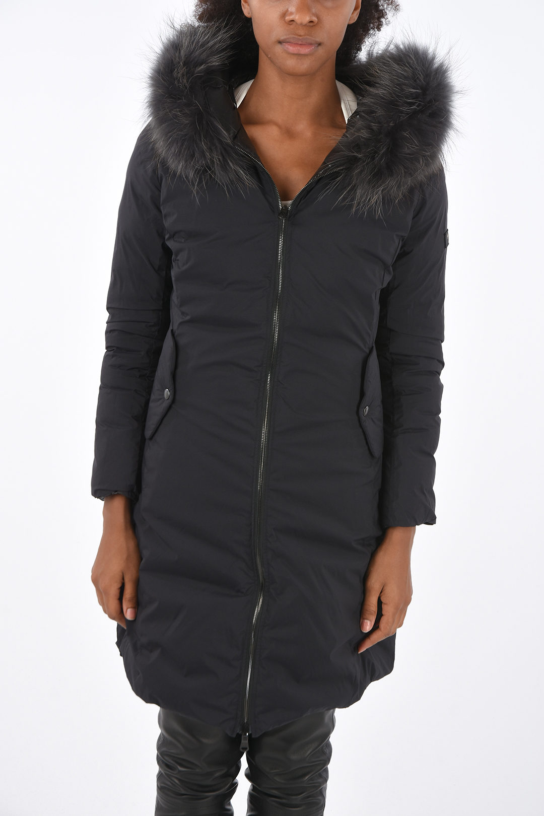 Long-line reversible down jacket with real fur