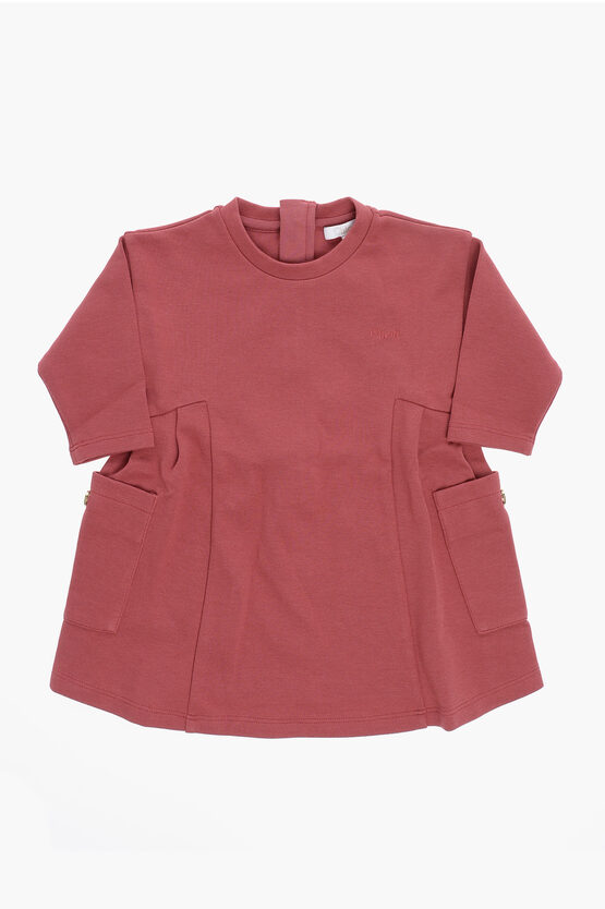 Chloé Long Sleeve Crew-neck Dress With Patch Pockets In Pink