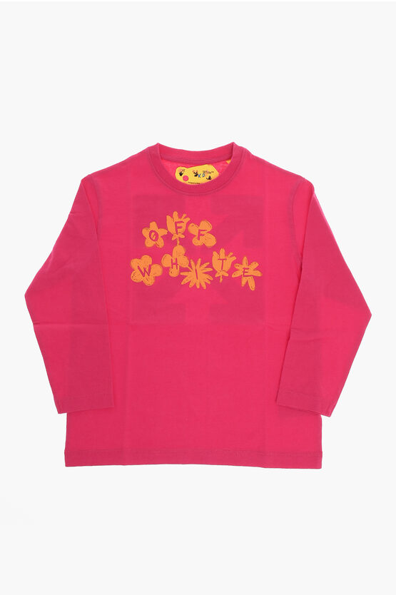 Off-white Long Sleeve Crew-neck T-shirt With Flower Print In Red