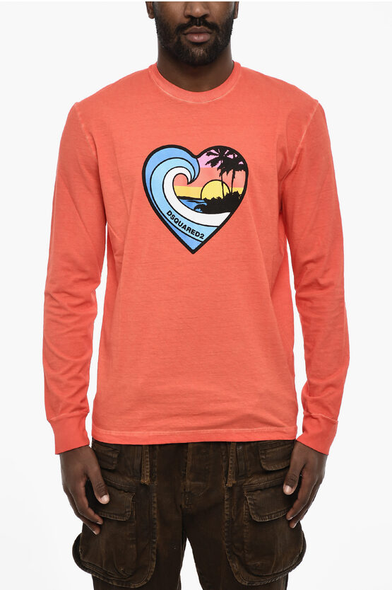 Dsquared2 Long Sleeve Crew-neck T-shirt With Heart Print