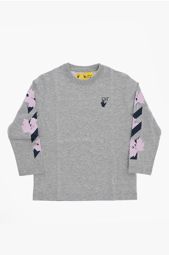 Off-white Long Sleeve Crew-neck T-shirt With Printed Contrasting Logo In Gray