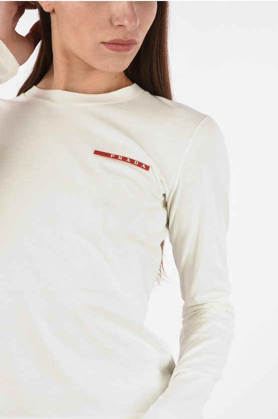 Tシャツ・カットソー PRADA Prada Long Sleeves Crewneck Sweater Prada Printed Jersey T-shirt | Neutrals | FARFETCH GE