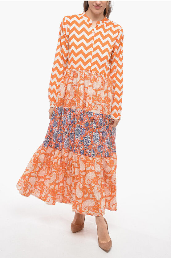 Elleblue Long Sleeve Patterned Camilla Maxi Tunic Dress In Orange