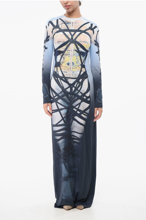 Y/project Long Sleeve Printed Long Dress In Blue