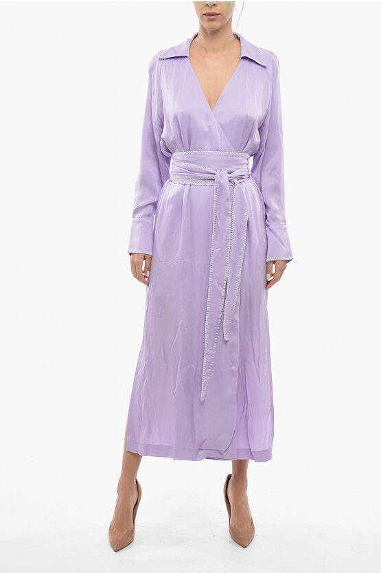 Holzweiler Long Sleeve Solid Color Wander Wrap Dress With Belt In Purple