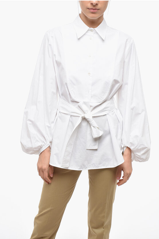 Shop P.a.r.o.s.h Puffed Sleeve Popeline Shirt With Belt