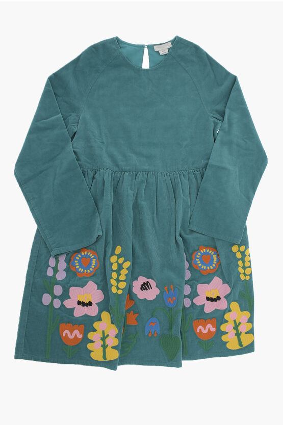 Shop Stella Mccartney Long Sleeved Corduroy Crew-neck Dress With Embroideries