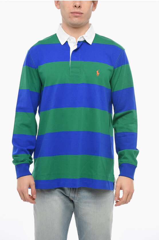 Polo Ralph Lauren Long-sleeved Cotton Polo With Awning Motif In Multi