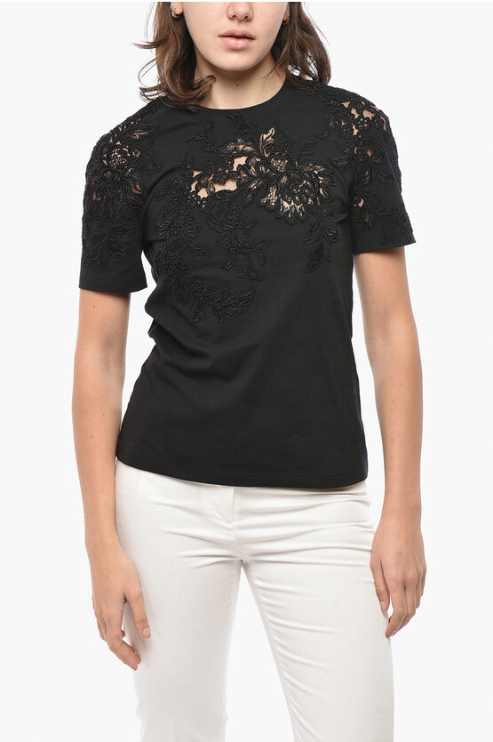 Ermanno Scervino Long-sleeved Cotton T-shirt With Lace Patches In Black